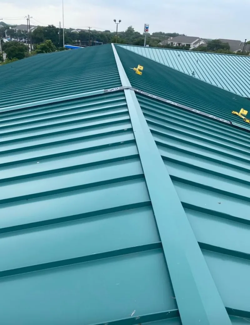 Green commercial metal roof ridge and valley for Metal Roof Repair in Green Oak